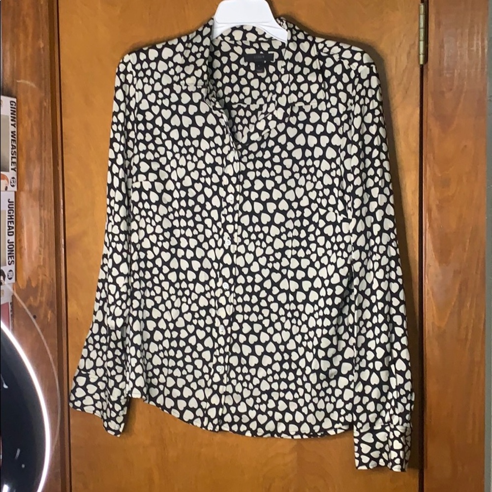 J Crew Black and White Hearts Button up Blouse.